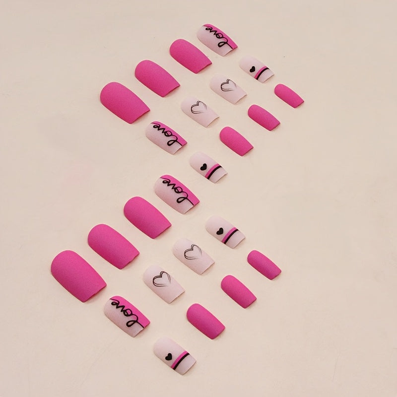Glossy Pink Square Press-On Nails with Love Heart Design - Medium Length Valentine's Day False Nails for Women & Girls, Sweet & Stylish Nail Art, Fashion Accessories | Heart Nail Art | Vibrant Pink Nails, Cute Nails